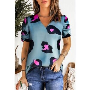 Y2K Light Blue Leopard Print V-Neck‎ Puff Sleeve Blouse Hot Pink Black M